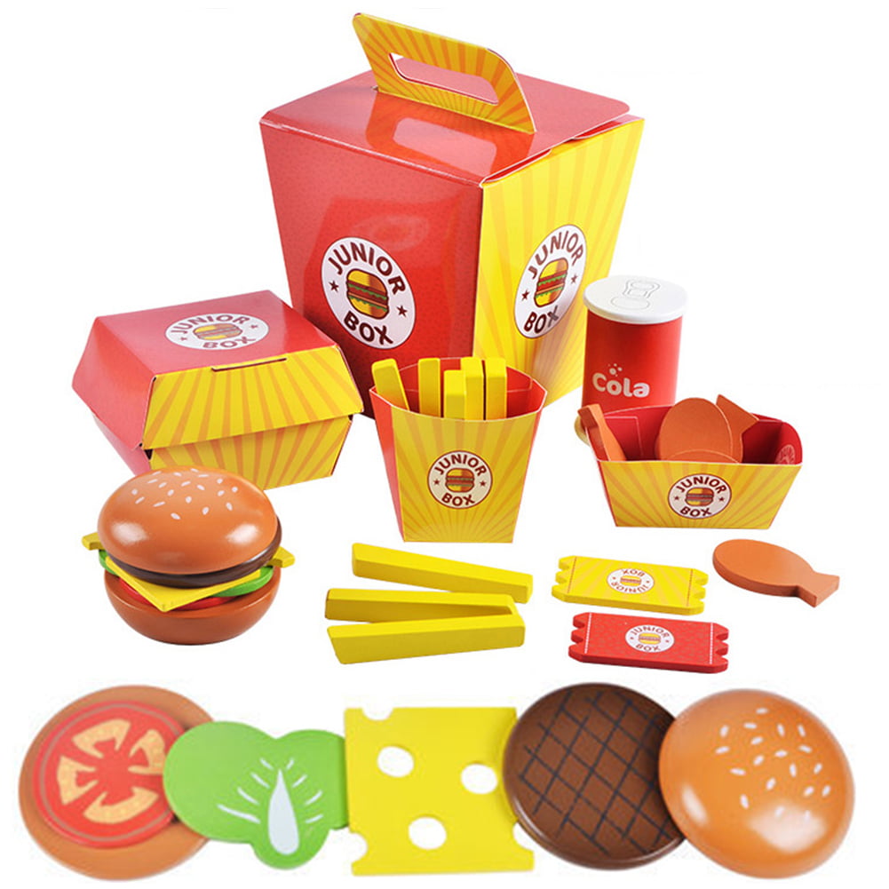 28PCS Kids Play Food Play Fast Food Toys Set Hamburger Cutlery in Suitcase 