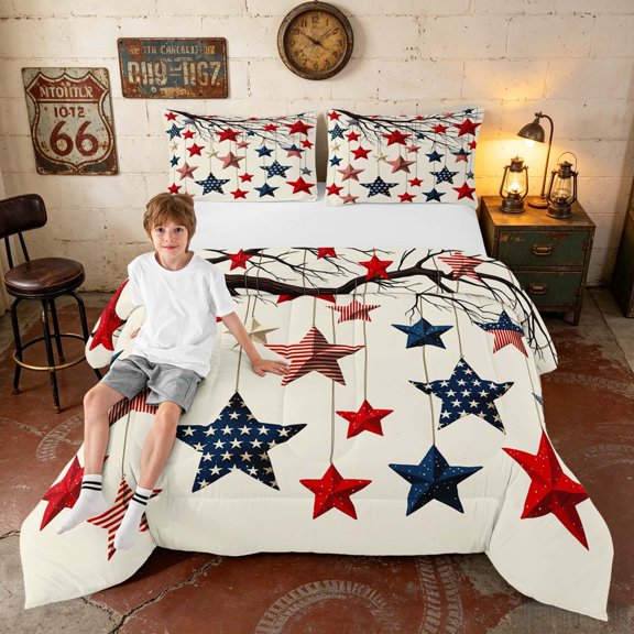 Manfei Vintage Hanging Stars Full Size Comforter Sets, Patriotic Themed Bedding Comforter Set, Multicolor, Navy Reversible 3pcs, 1 Comforter and 2 Pillowcases