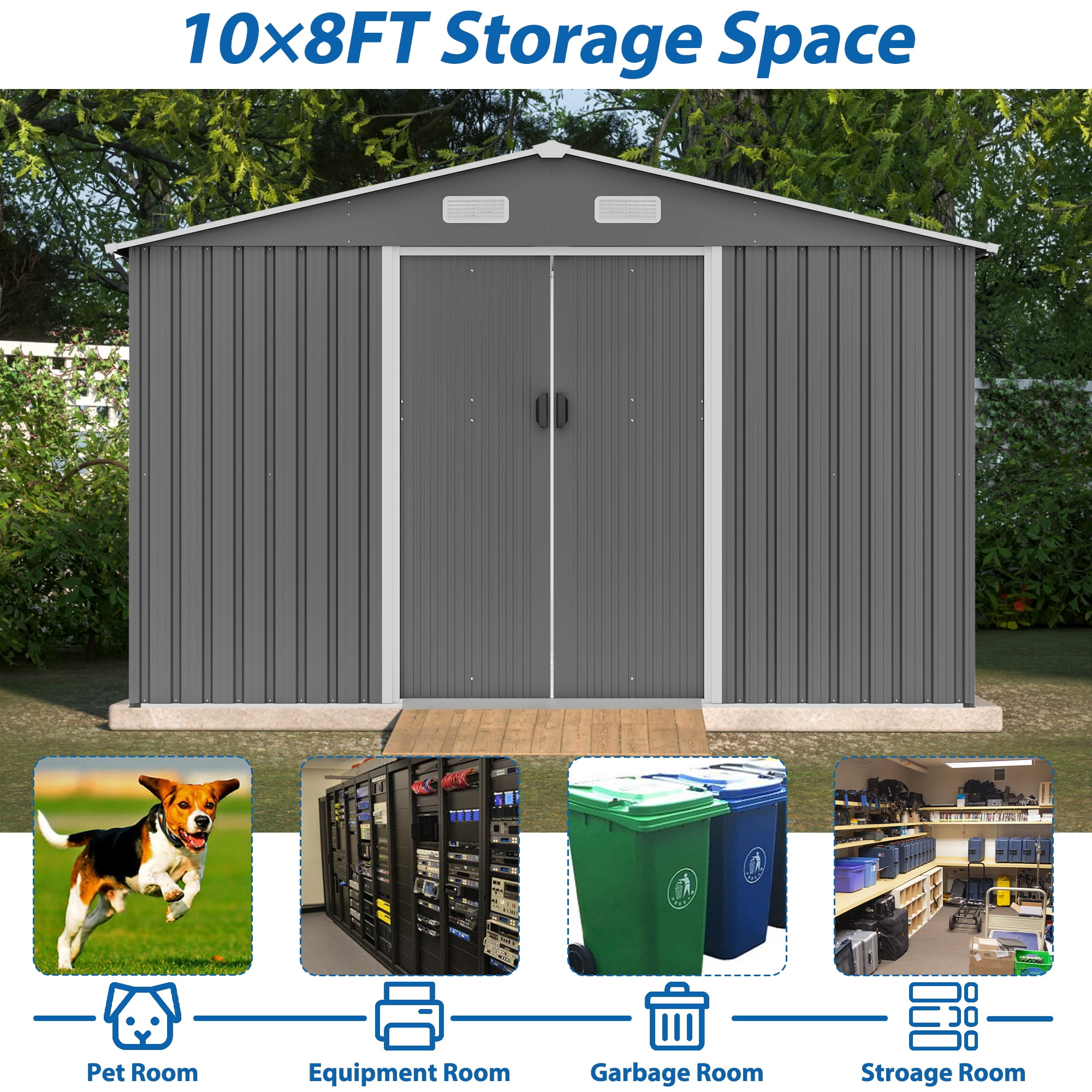 MAYEERTY 10x8FT Outdoor Storage Shed, All-Weather Metal Tool Shed with Lockable Doors & Ventilated, for Bikes & Lawn Equipment