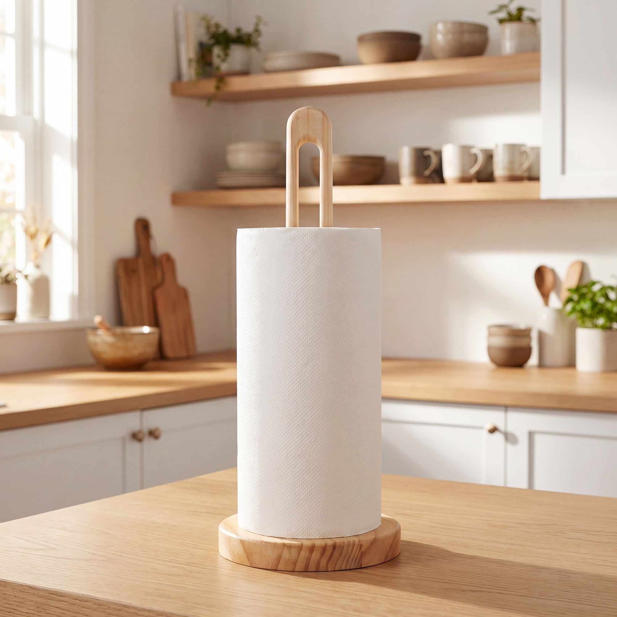 Unique Bargains Paper Towel Holder Countertop Modern Base Wood Light brown 11.4x5.1inch