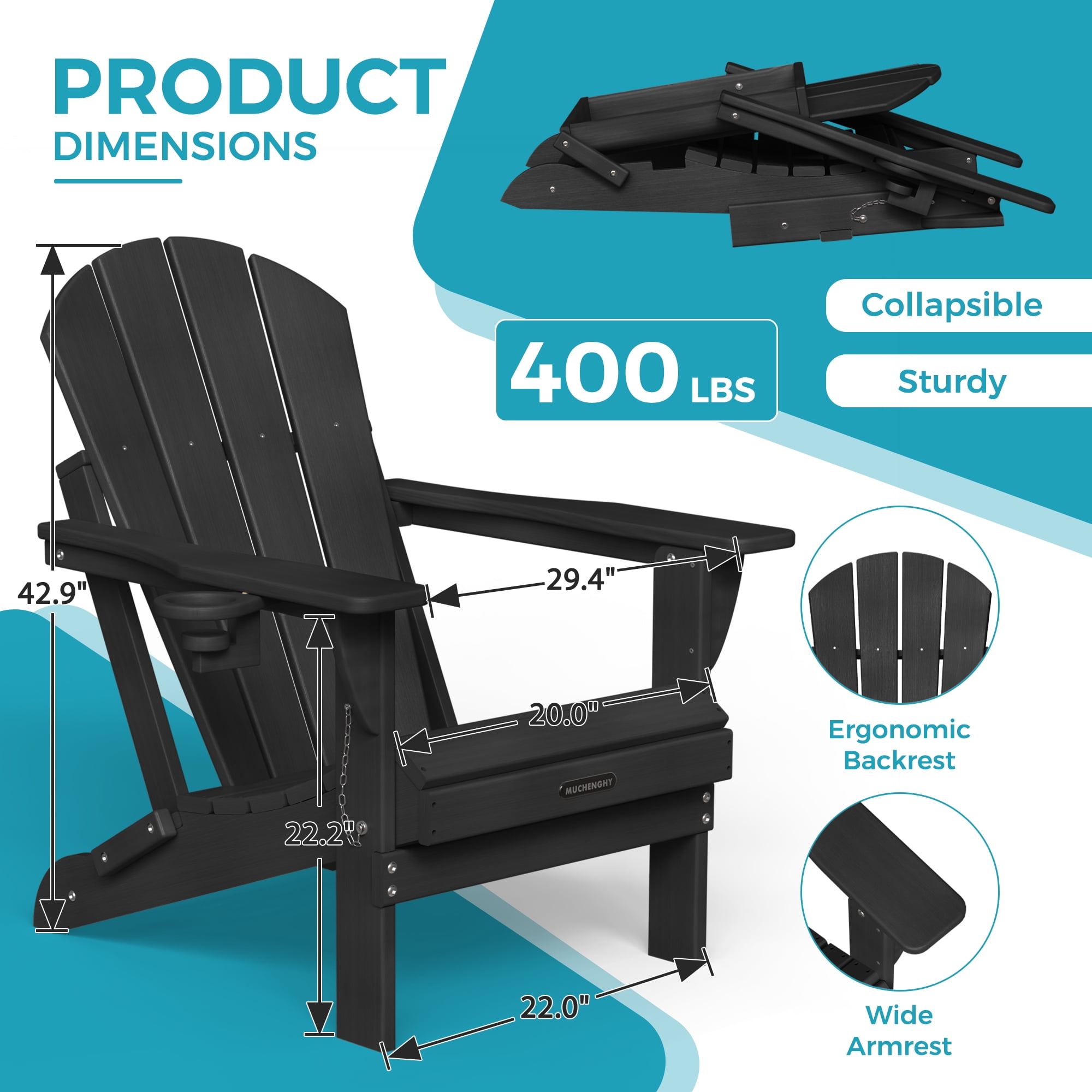 Folding Adirondack Chair Outdoor Patio Fire Pit Chairs with Cup Holder Porch Garden Black