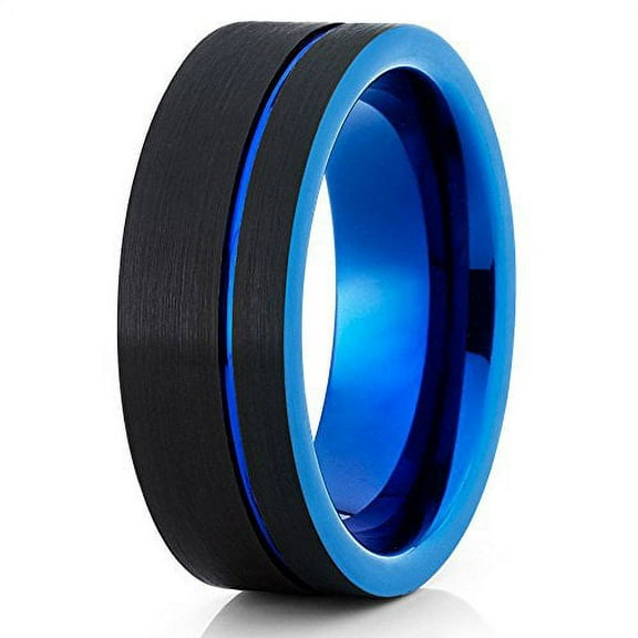 Black & Blue Tungsten Wedding Band 8mm Tungsten Ring Tungsten Carbide Anniversary Band Polished Brushed Comfort Fit