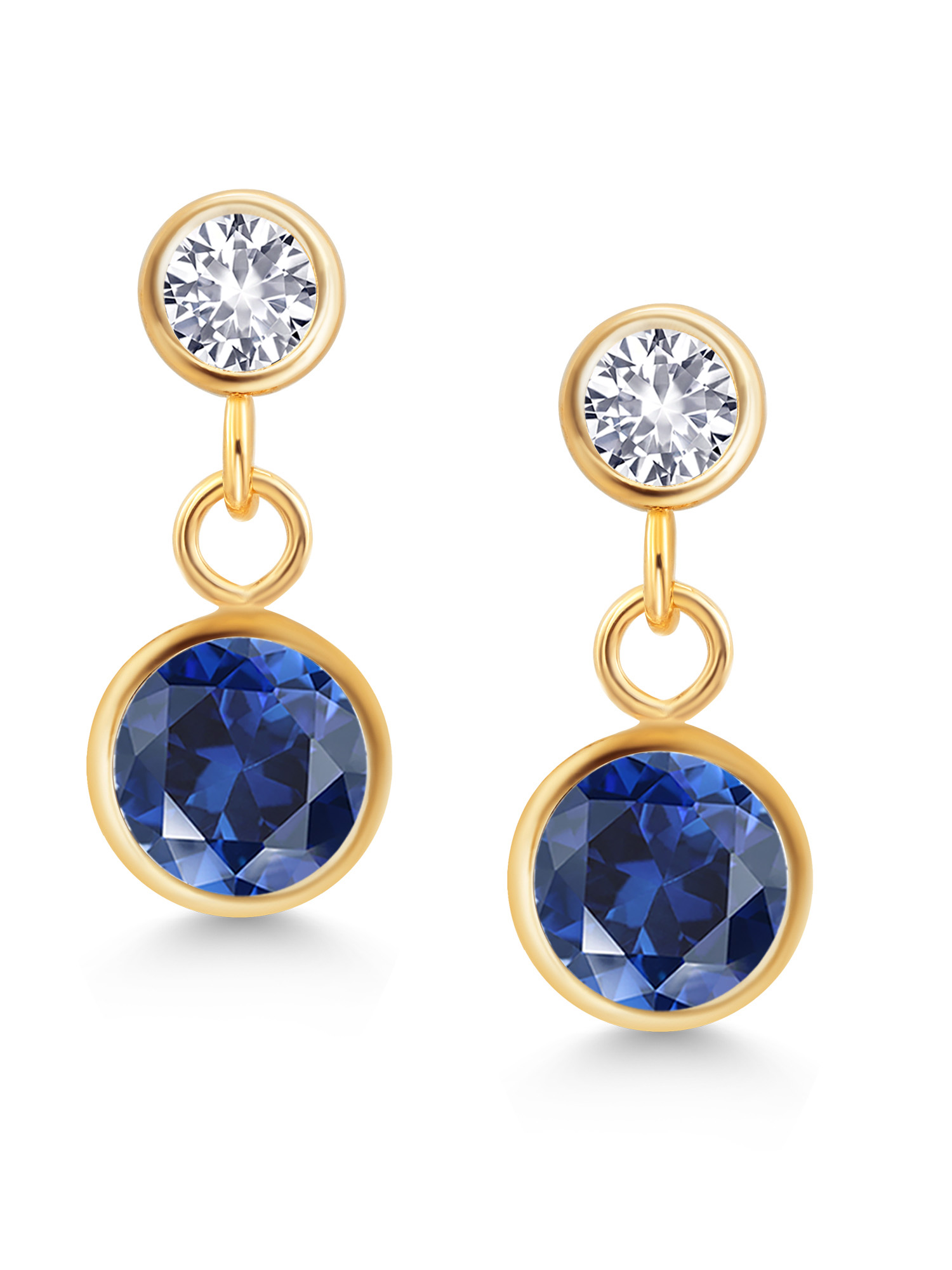 Gem Stone King 14k Yellow Gold Blue Created Sapphire and White Created  Sapphire Two Stone Dangling Stud Earrings For Women (2.26 Cttw, Gemstone