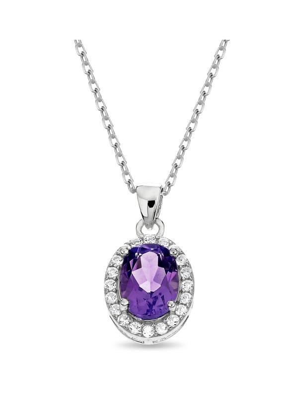 Sterling Silver Rhodium Plated Oval Amethyst and Created White Topaz ...