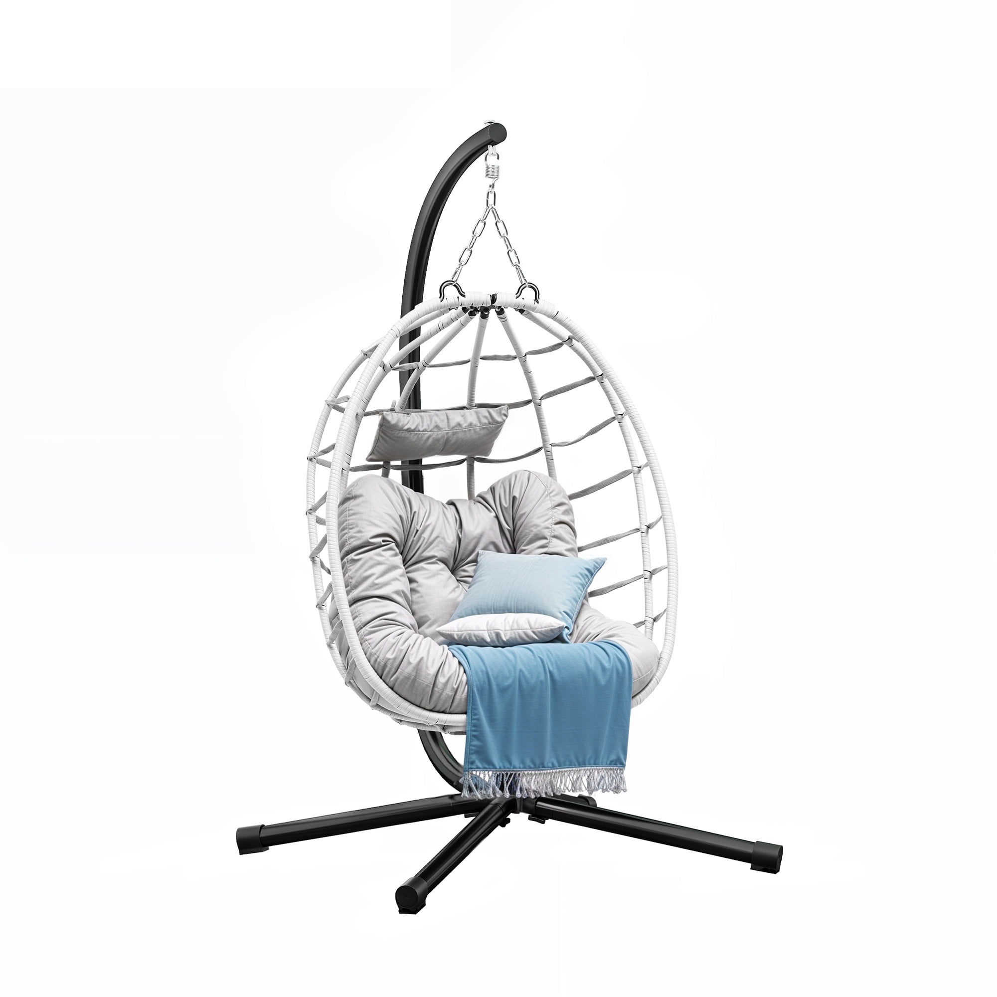 Uforic Egg Chair Swing Hanging Outdoor Wicker Hammock Chairs Indoor with Steel Stand UV Resistant Cushion 330lbs for Patio, Bedroom, Garden and Balcony - Gray