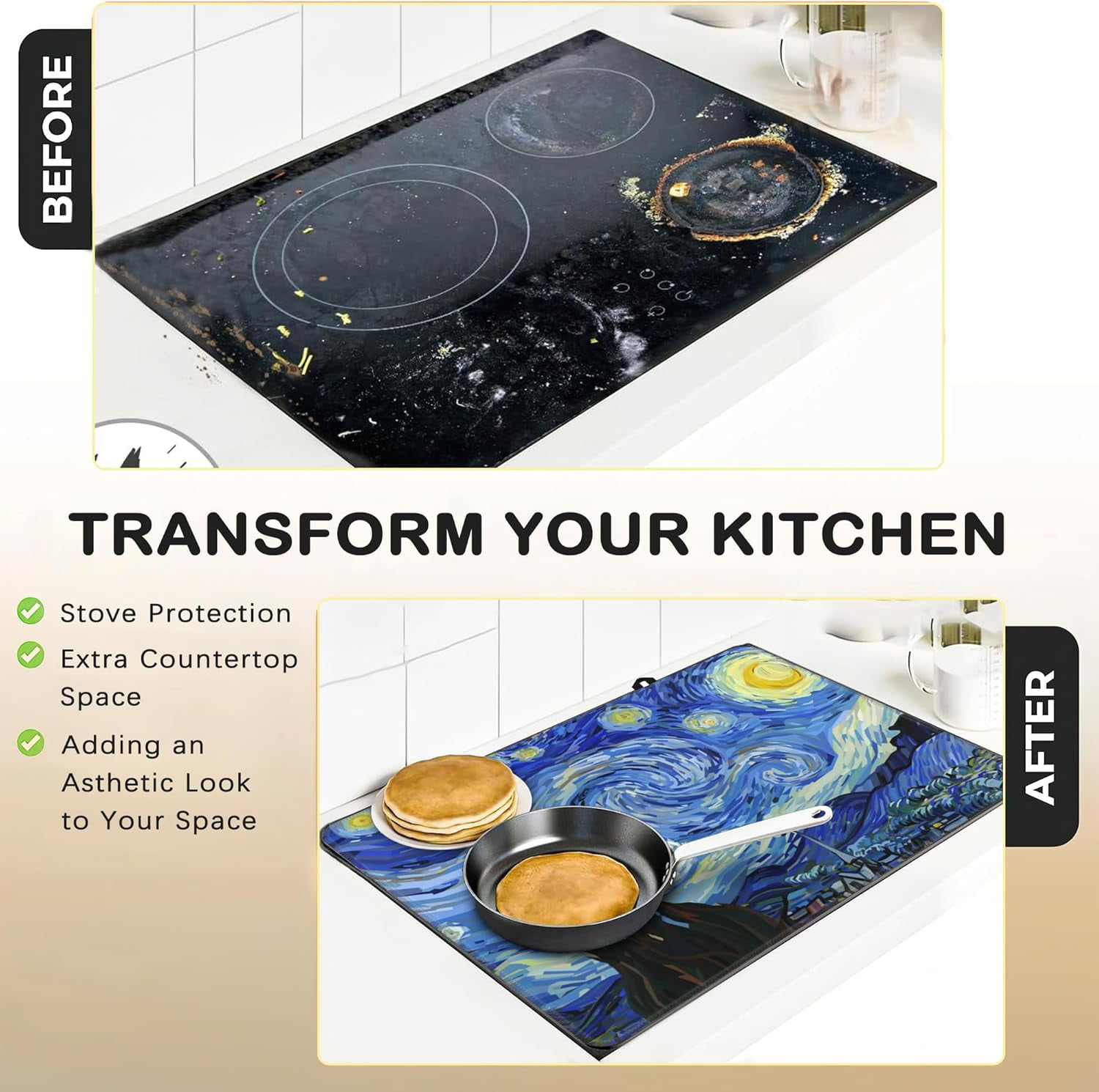 Electric Stove Top Cover Protector \u2013 Christmas Kitchen Decor Starry Night Van Gogh Glass Flat Top Stove Mat Oven Induction Cooktop Mat for Ceramic Countertop Mats Heat-Resistant Dish Drying Mat