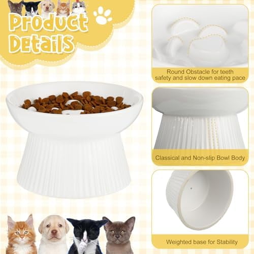 2 Pcs Raised Cat Slow Feeder Bowl Ceramic Elevated Cat Dog Food Bowl No Spill High Edge for Dry Wet Food and Water Easy to Clean, Dishwasher Safe (Black,White)