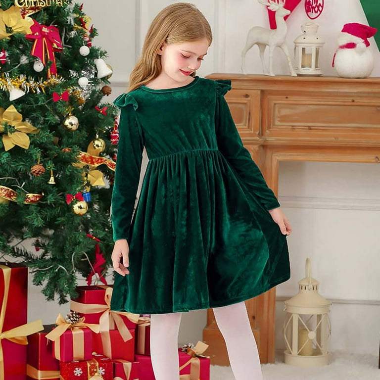 Eltusu Girls Long Sleeve Dress, Warm Party Performance Crewneck Kids Clothes Green Size 5-6 T, Girl's Eltusu Girls Long Sleeve Dress, Warm Party Performance Crewneck Kids Clothes Green Size 5-6 T, Girl's