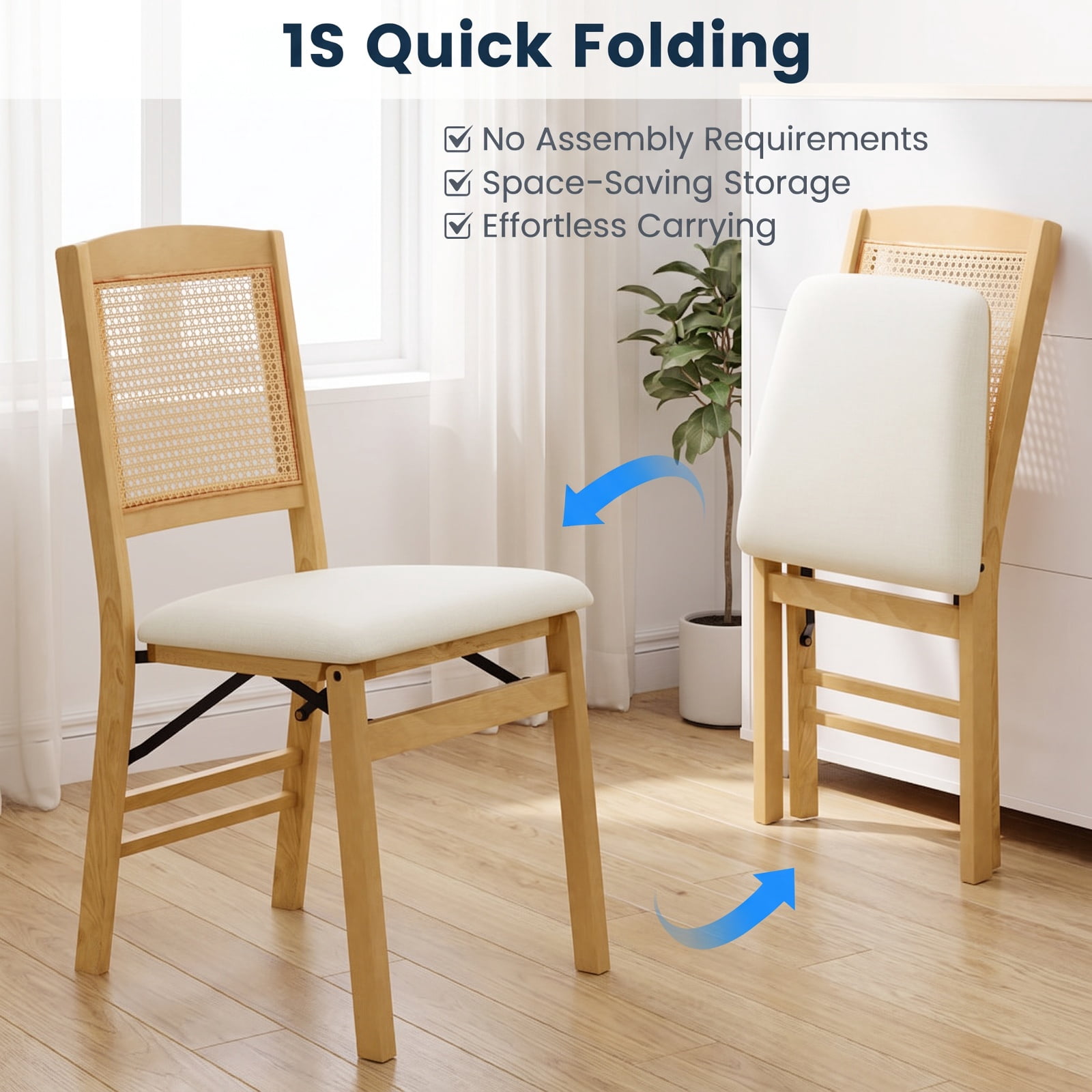 Furnibear Folding Dining Chairs Set of 2 Rubber Wood Chairs with Linen Padded Seat for Kitchen Dining Room Living Room Home, Natural