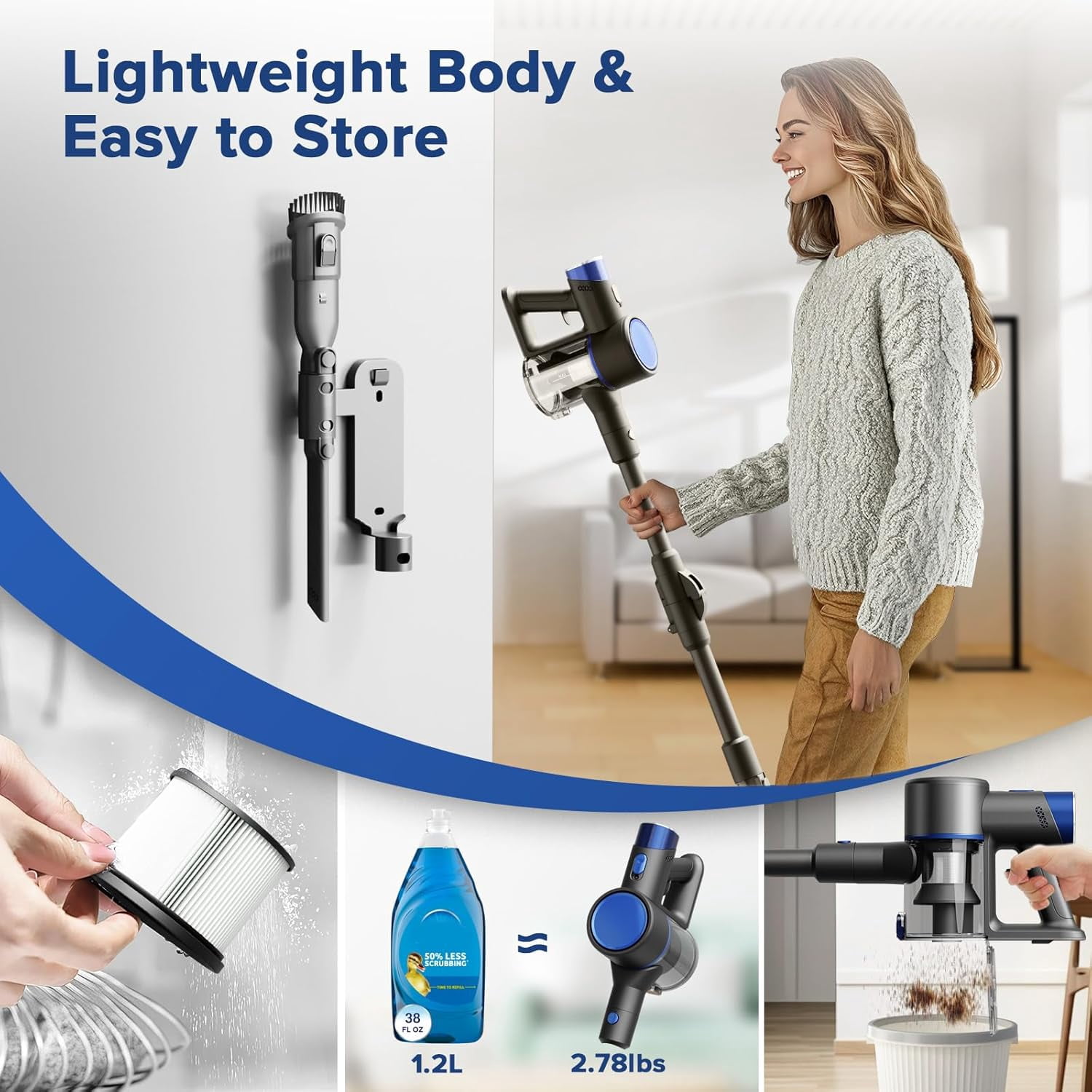 Moifoi Cordless Vacuum Cleaner, Lightweight Bendable, up to 50minnuts, Stick Vac with Tangle-Resistant Design,Powerful Suction , Wireless Vacuum for Carpet Hard Floor Pet Hair