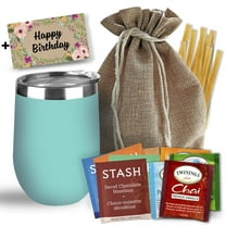 Bellina Tea Gift Baskets for Women and Men - Birthday Collection - Insulated Cup, 20 Premium Teas, 10 Honey Straws, Gift Tag & Bag