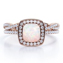 JeenMata Infinity Eternity Pave 1.75 carat Cushion Cut Andamooka Opal And Moissanite Pave-Channel Halo Wedding Ring Set In 18K Rose Gold Plating Over Silver