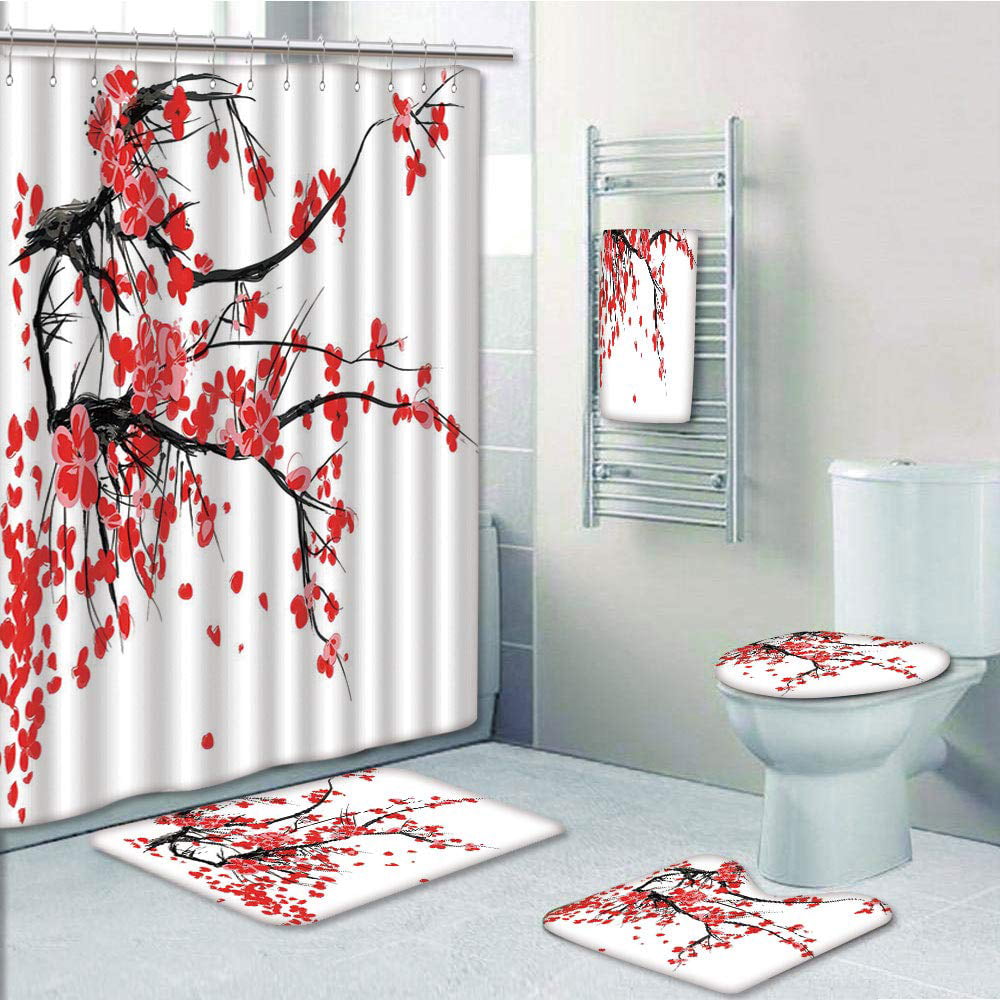 Details about   Floral Shower Curtain Japanese Cherry Blossom Sakura Blooms Toilet Lid Cover 4PC 