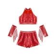 thumbnail image 3 of inlzdz Kids Girls Jazz Latin Dance Outfits Sequin Halter Crop Tops with Shorts Tassel Gloves Dancewear Red 10, 3 of 7