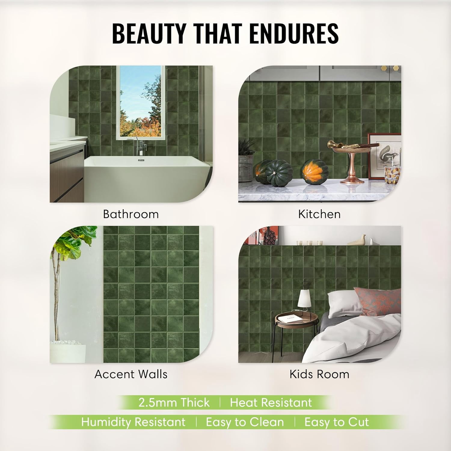 Select 5 Pack Peel and Stick Backsplash Square Tiles, Extra Thick 3D Wall Panels, Heat & Water Resistant, Easy DIY Kitchen, Bathroom, Laundry, Fireplace & Rental Home Wall Décor (12 x 12 in), Green
