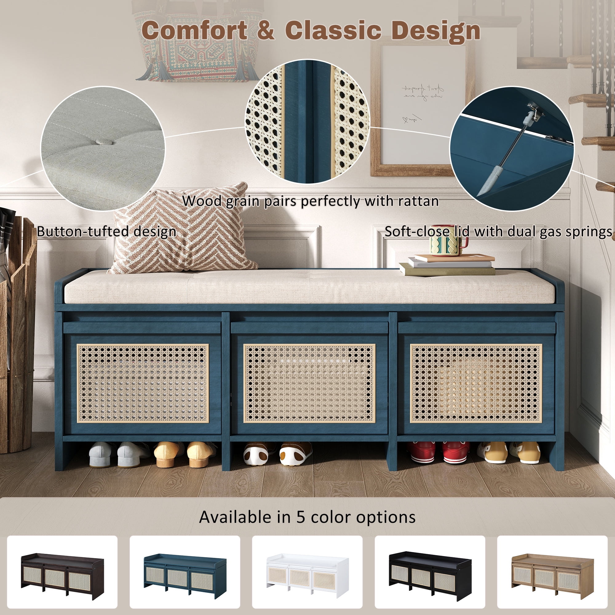 Euroco 48" Shoe Storage Bench, Retro Entryway Bench with 3 Rattan Drawers,Lift Top Storage & Removable Upholstered Cushion,Wooden Shoe Rack Bench for Living Room, Hallway, Foyer,Antique Navy