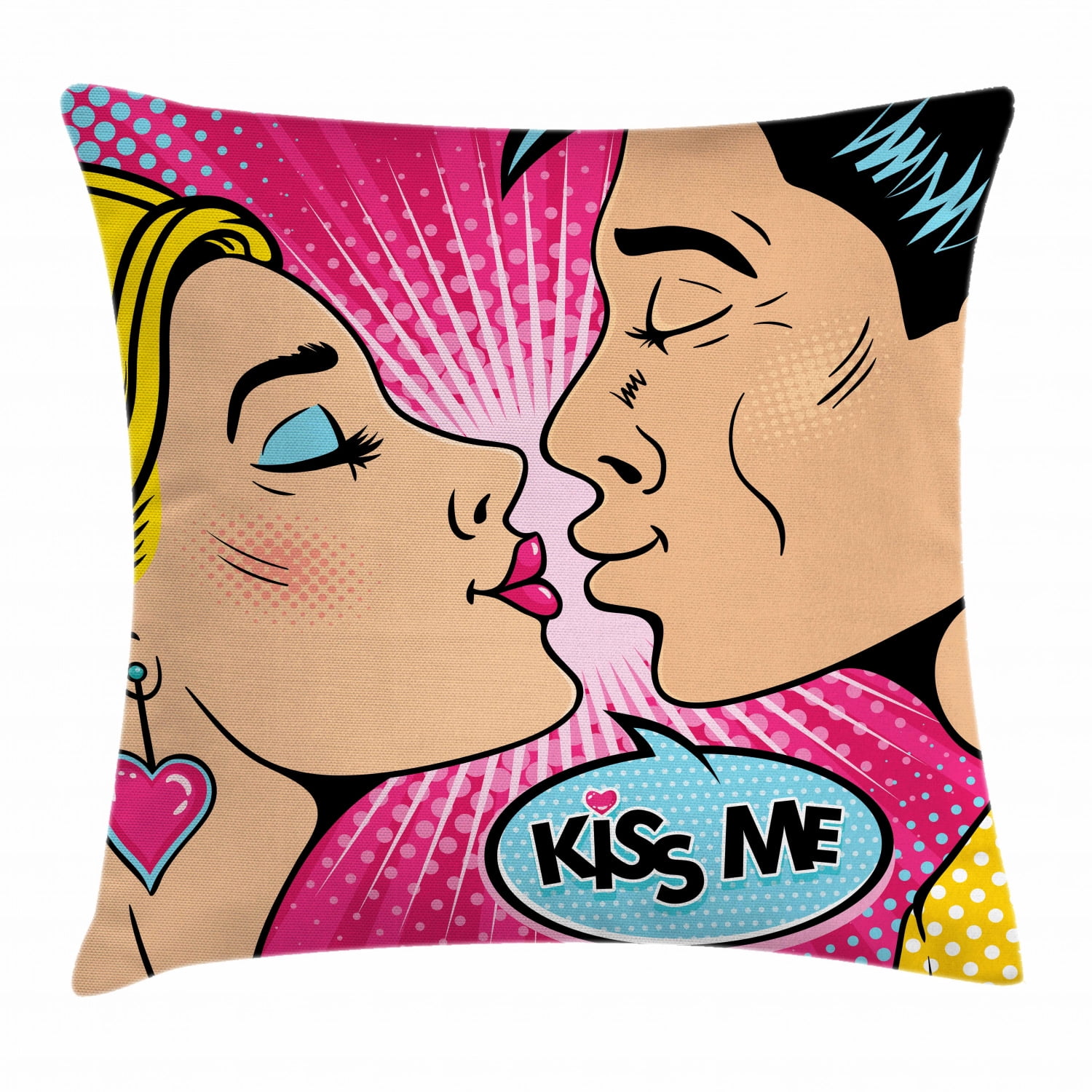 Kiss Me Throw Pillow Cushion Cover, Young Couple Kissing Pop Art Style