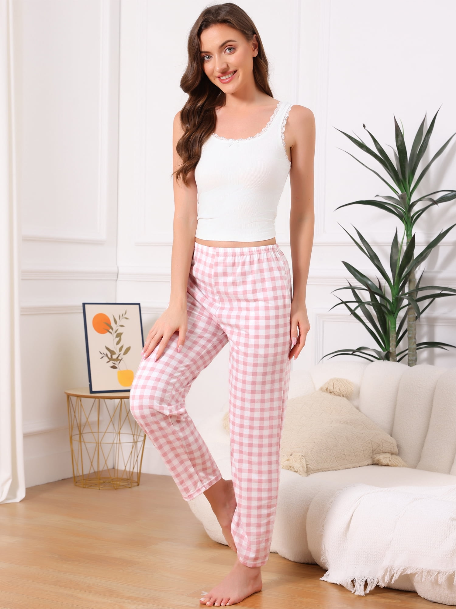DARING DIVA Women's Plaid Elastic Waist with Pockets Long Lounge Bottoms M Pink Plaid