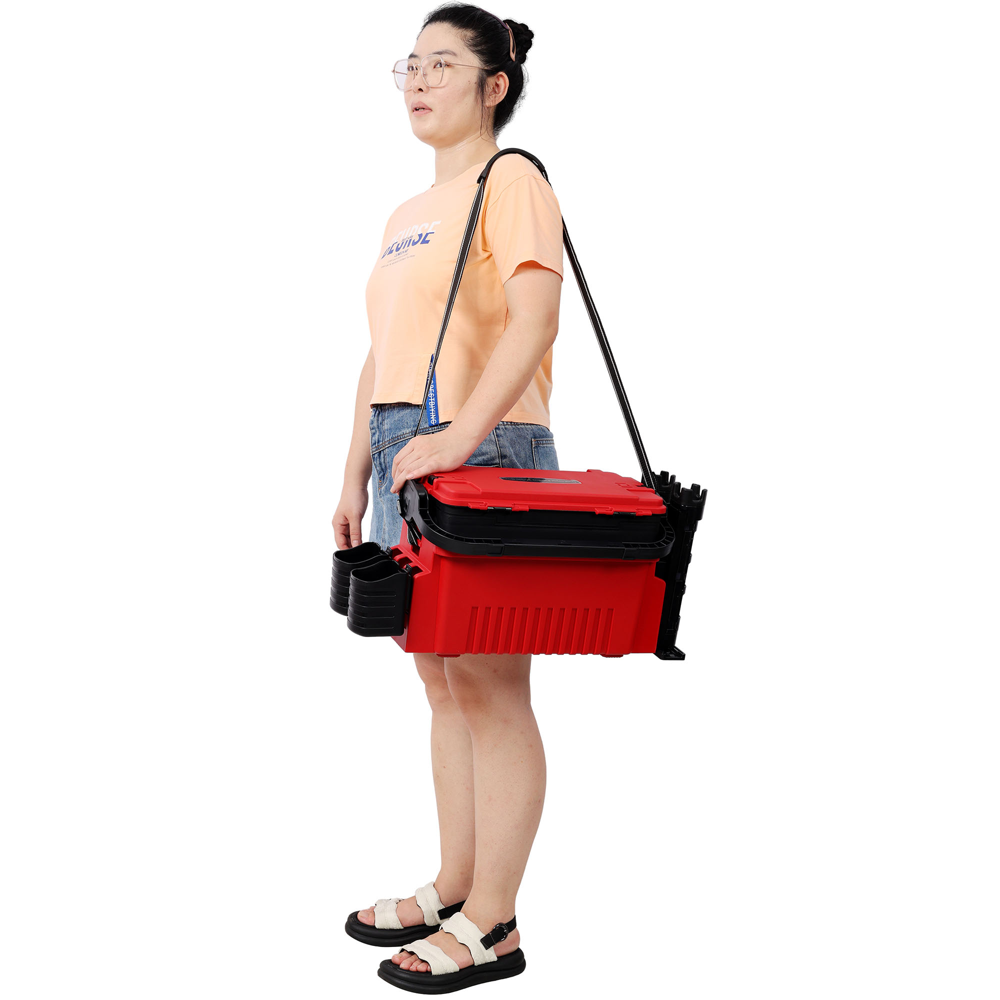 Dual-layer Fishing Tackle Box,Tackle Box Organizer Fishing Box Large,With 2pcs Rod Holder,2pcs Cup Holder,1pc Carring Strap, Red