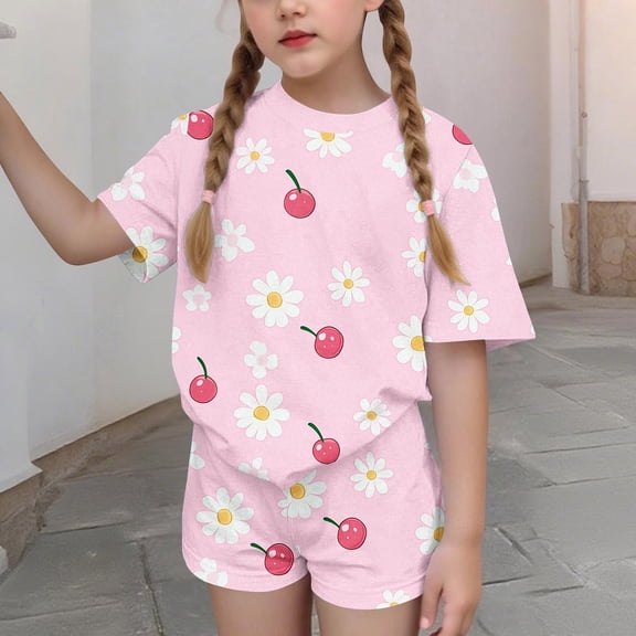 Cethrio Girls Summer Outfit Sets, Casual 2 Piece Gifts Short Sleeve Kids' Clothing Sets Multicolor Size 9-10T