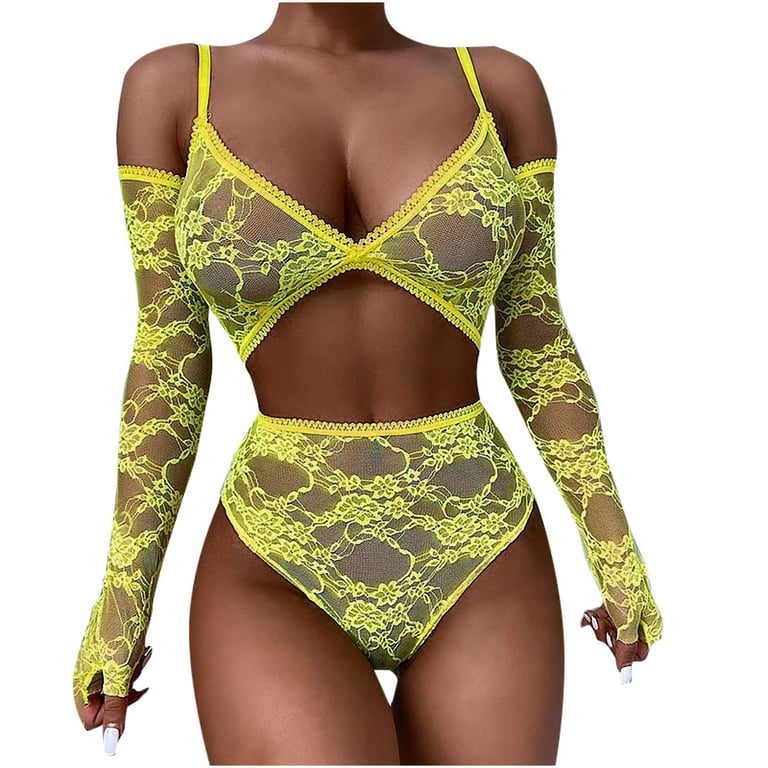OAVQHLG3B Lace Womens Lingerie 3pcs Bra Sets Sexy Long Sleeve Suit Split  Underwear Deep V Naughty Outfits High Waisted Bodysuit 