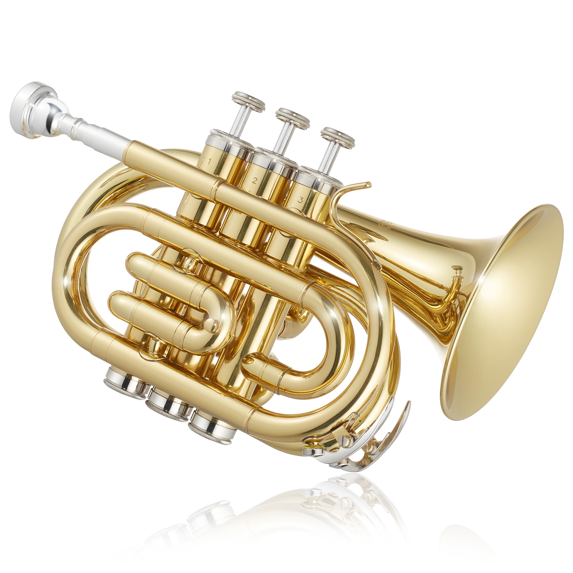 Ashthorpe Bb Brass Pocket Trumpet with Gold Lacquer Finish - Includes Case, Mouthpiece, Gloves, Cleaning Cloth, Valve Oil