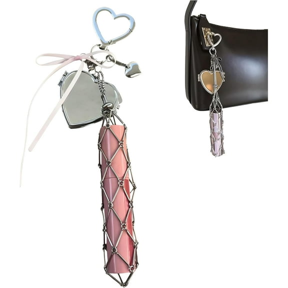 Chic Lip Gloss Holder with Mirror, 2‑in‑1 Lipstick Holders for Purse, Bling Crystal Lipsticks Storage Bag Key Chain, Personalized Lip Balm Case Charms Gifts