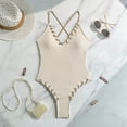 thumbnail image 5 of GEWSEY Women's Criss Cross One Piece Swimsuits V Neck Binding Ribbed Swimwear High Cut Bathing Suit (Beige, L), 5 of 9