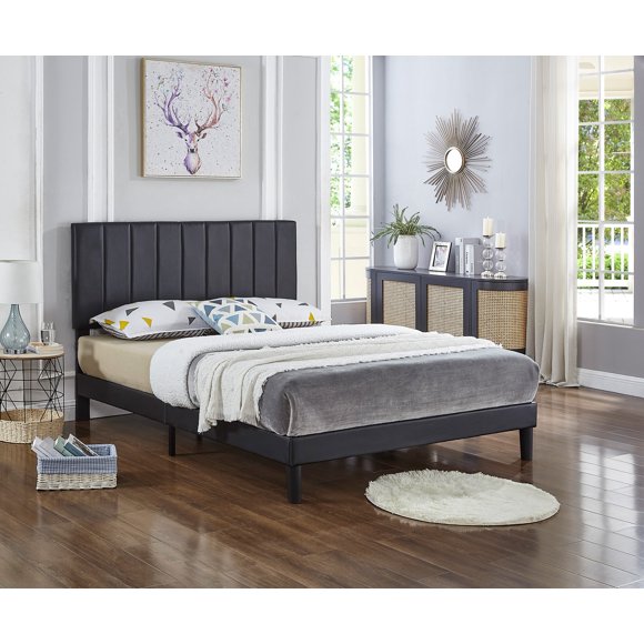 Black PU Leather Bed w Adjustable Headboard w Vertical Tufting - Queen