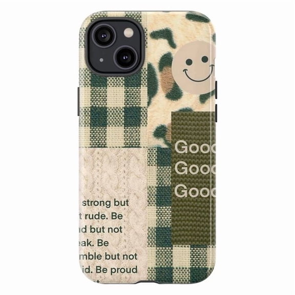 Aesthetic Patchwork Phone Case, Green Plaid & Leopard Print Collage Cover for iPhone 17 16 15 14 13 12 11 Pro Plus Mini