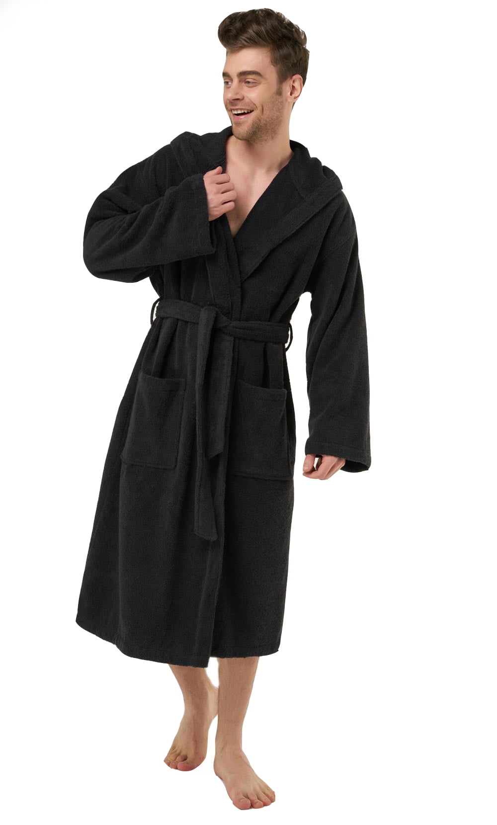 Heavy Mens 3.5lb Black Hooded Terry Cloth Bathrobe. XXL Full Length 100%  Turkish Cotton