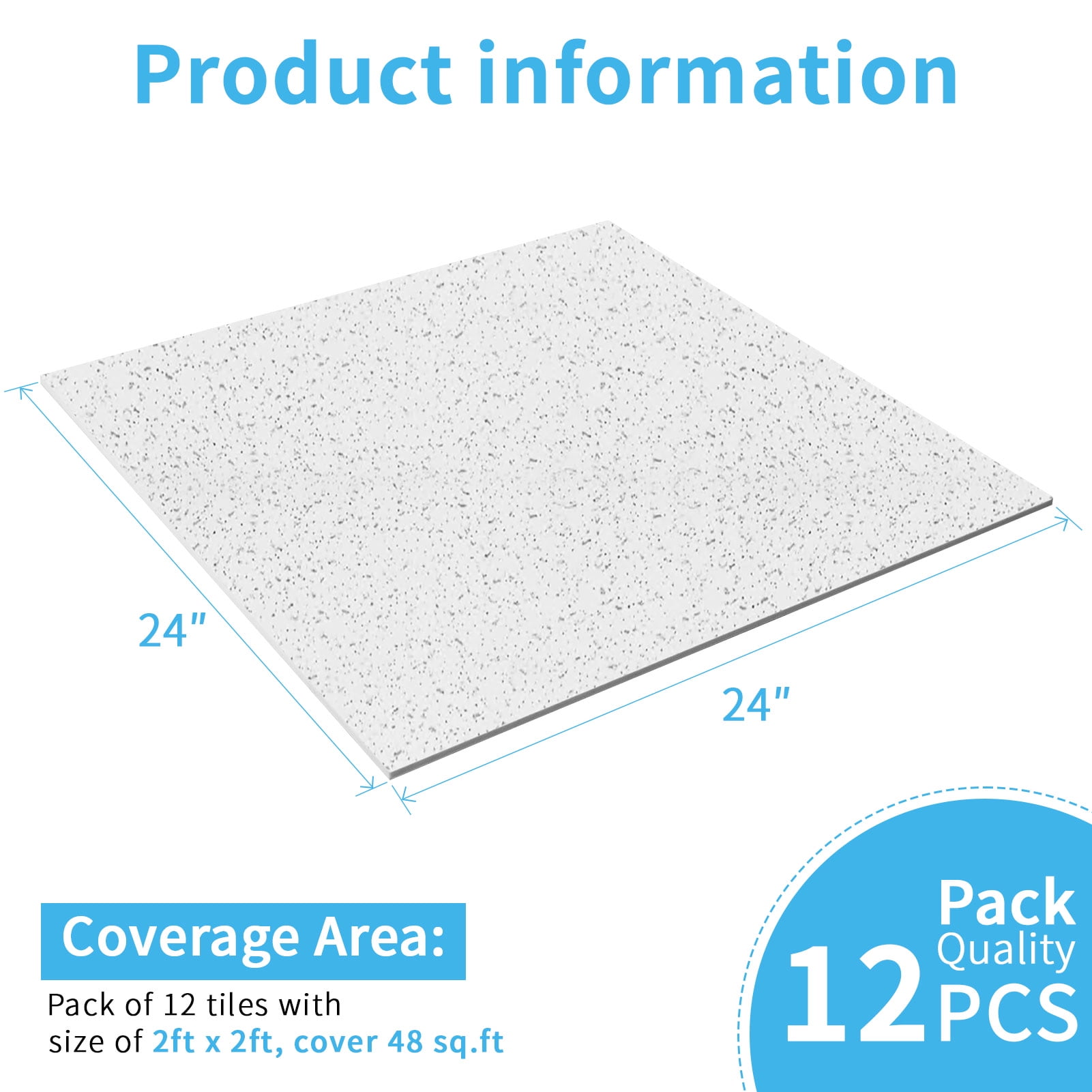 Art3dwallpanel 12-Pack 2x2ft Waterproof Ceiling Tiles, Acoustic, No-Sag Panels for Basement & Office,White Stucco Printing