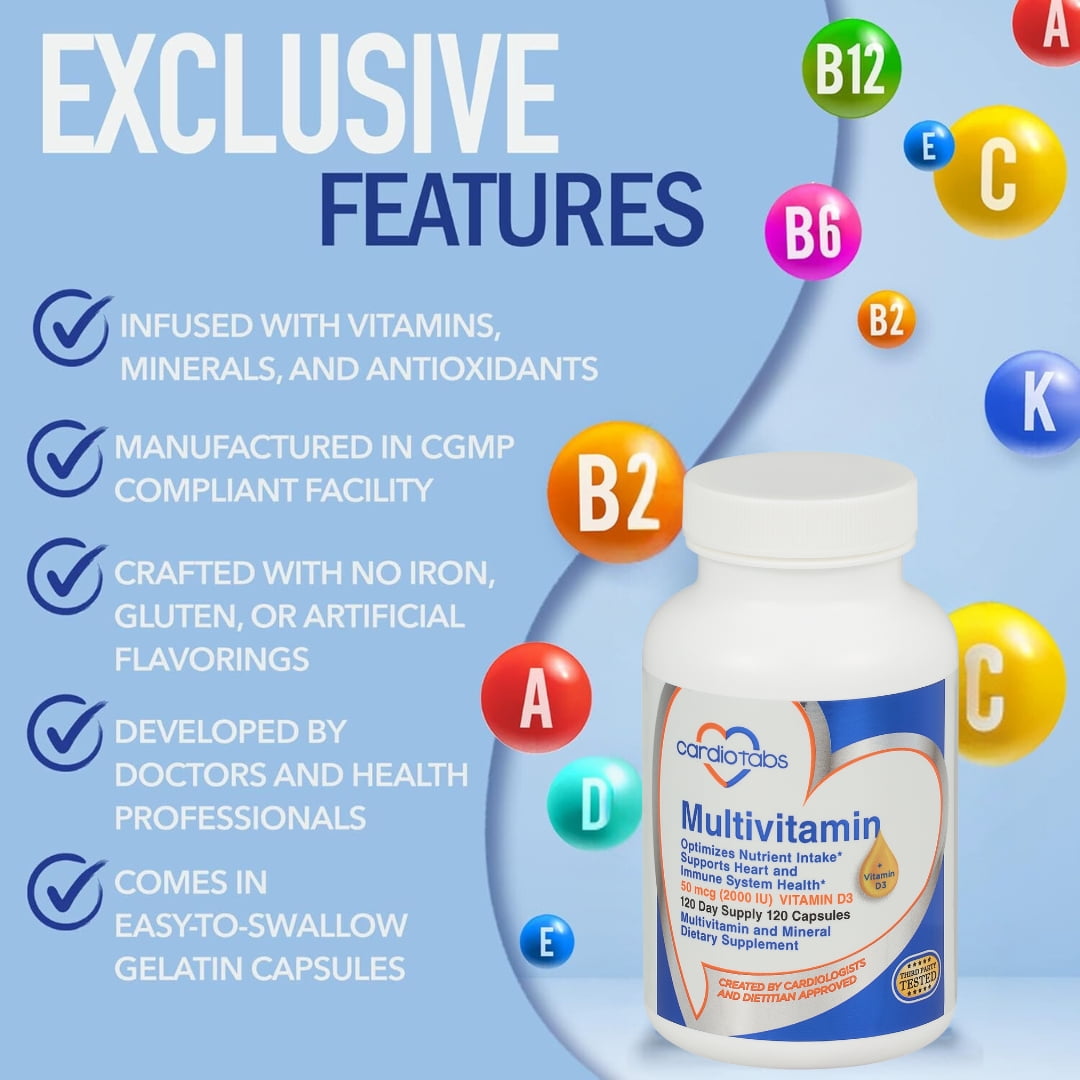 Cardiotabs Multivitamin - 120 Day Supply - Packed with Natural Antioxidants and 2000 IU Vitamin D3