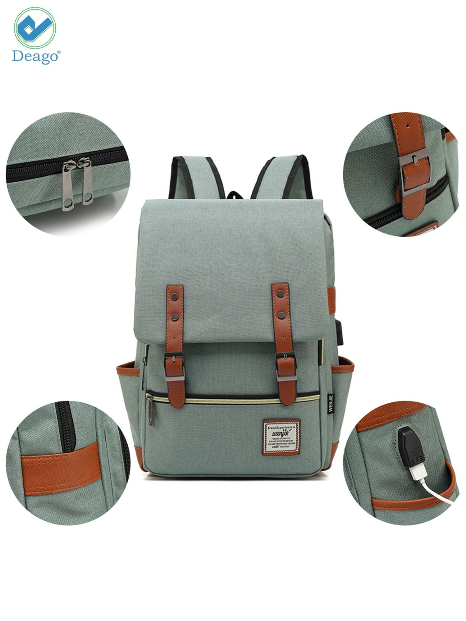 Deago Vintage Laptop Backpack For Women Men Travel Backpack with USB Charging Port Fashion Rucksack Fits 15.6" Notebook (Green)
