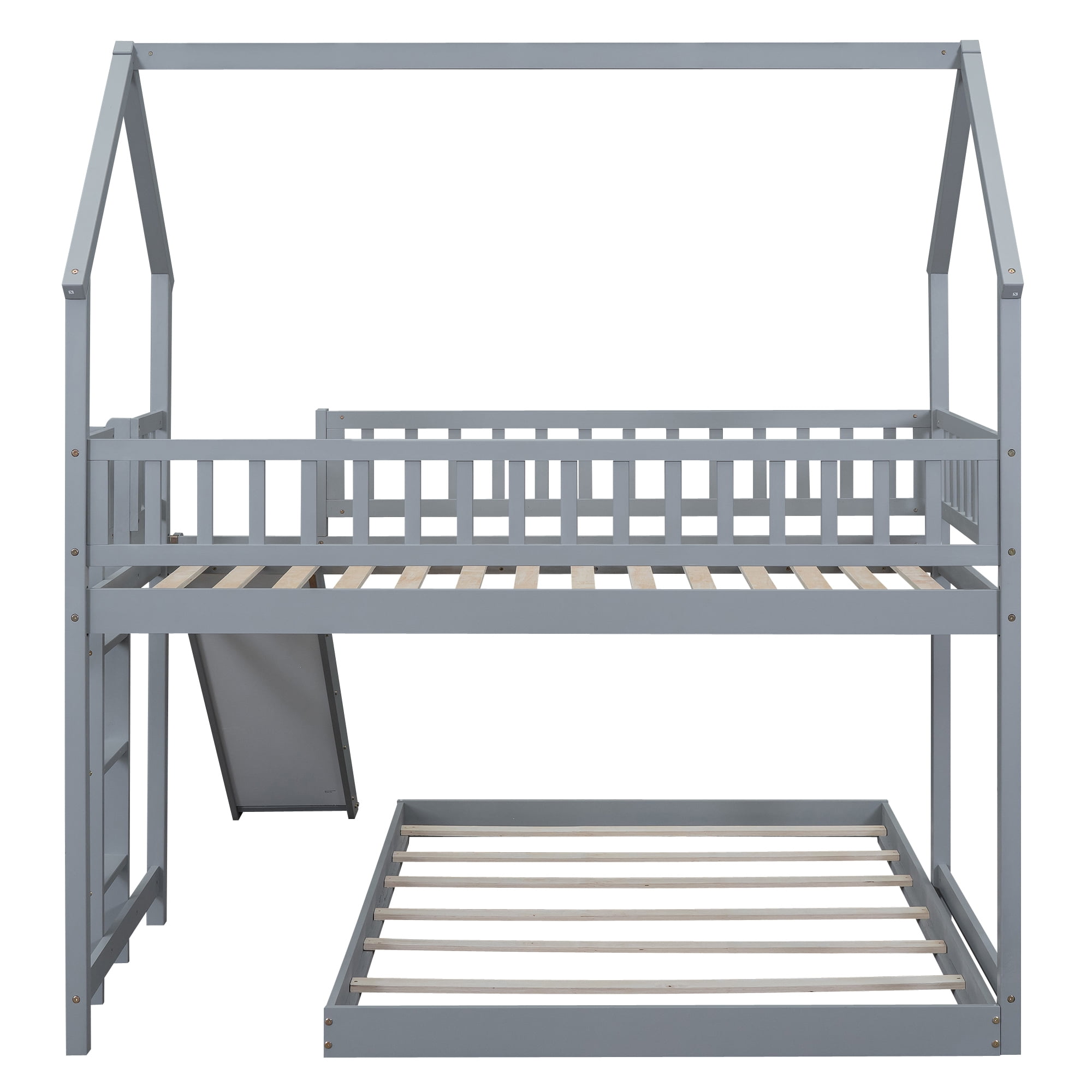 Euroco Modern Wood Twin over Full House Bunk Bed for Kids Teens Bedroom, Gray