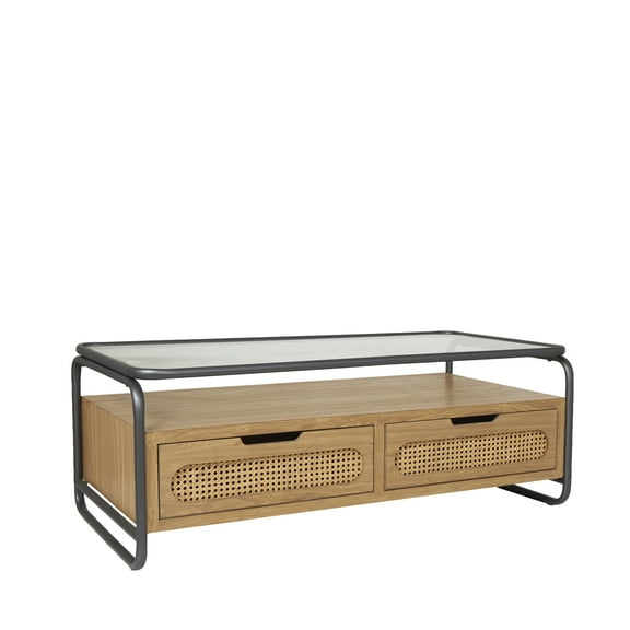DecMode 47" x 18" Brown Wooden 1 Shelf Coffee Table with 2 Cane Front Drawers and Gray Metal Frame, 1-Piece