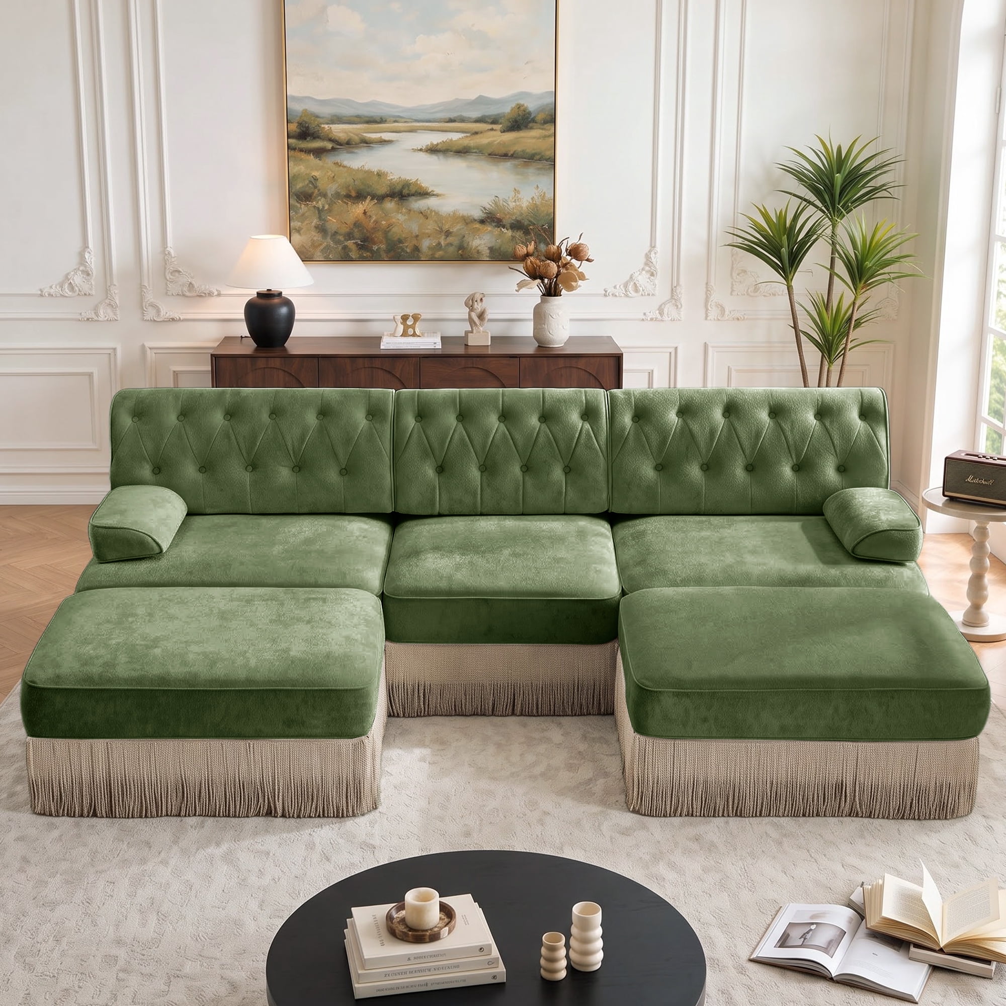 106" Chesterfield 3 Seater U-Shaped Modular Sectional Sofa Set with 2 Ottoman and Tassel Skirt, Easy to Assemble