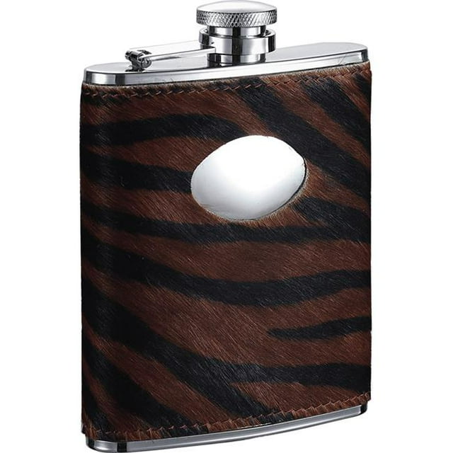 Tiger Imitation Leather Stainless Steel Hip Flask - 6oz