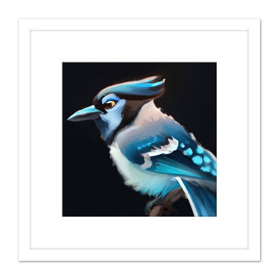 Blue Jay Bird Perched Acrylic Paint on Black Paper Portrait Square Wooden Framed Wall Art Print Picture 8X8 Inch