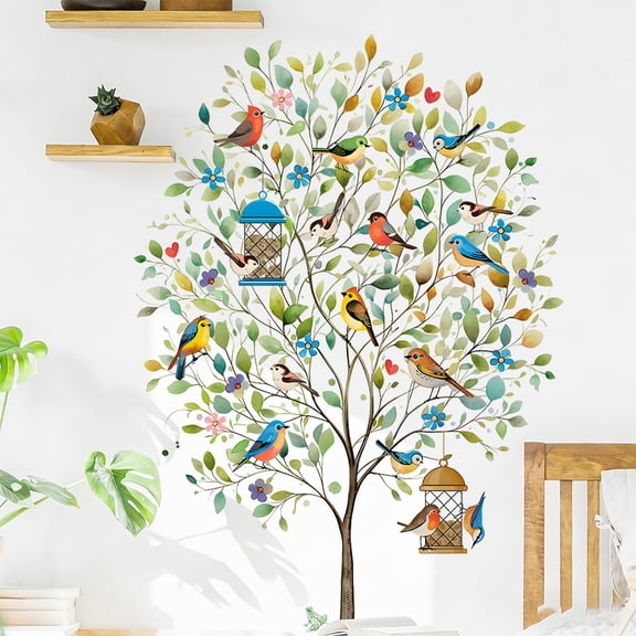 Tree Wall Decals Flowers Birds Wall Stickers Peel and Stick Removable Decal for Bedroom Living Room Wall Decor 31x23Inch