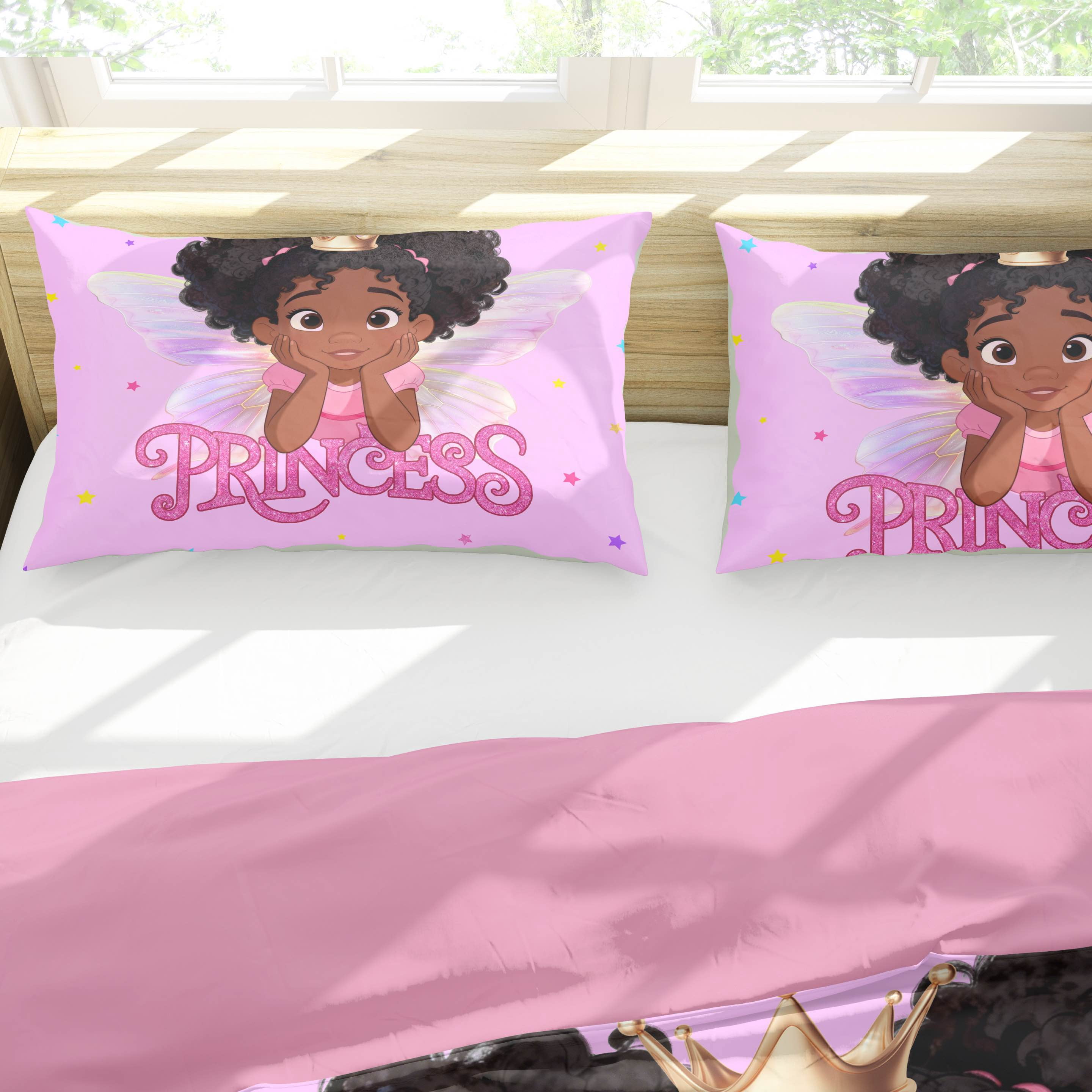 Black Girl Comforter Sets Twin Size Princess with Wings Bedding Set,Pink Purple Stars Glitter African American Comforter Set for Kids Girls 3pcs
