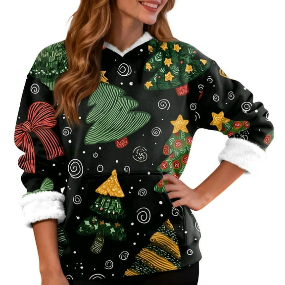 Women's Casual Fashion Plus Velvet Thickened Christmas Print Hooded Sweatshirt for Warm and Comfortable Holiday Season