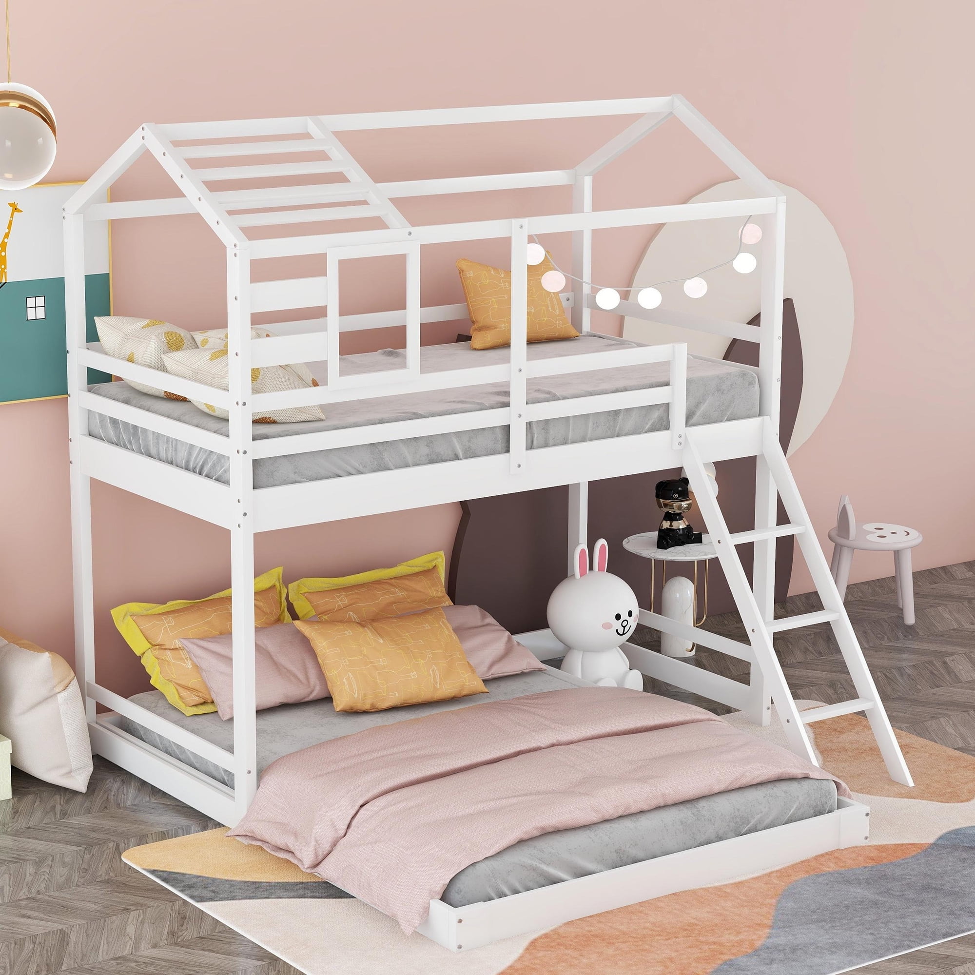 Aukfa Twin over Full Bunk Beds for Kids, Wood Low Bedframe with Window