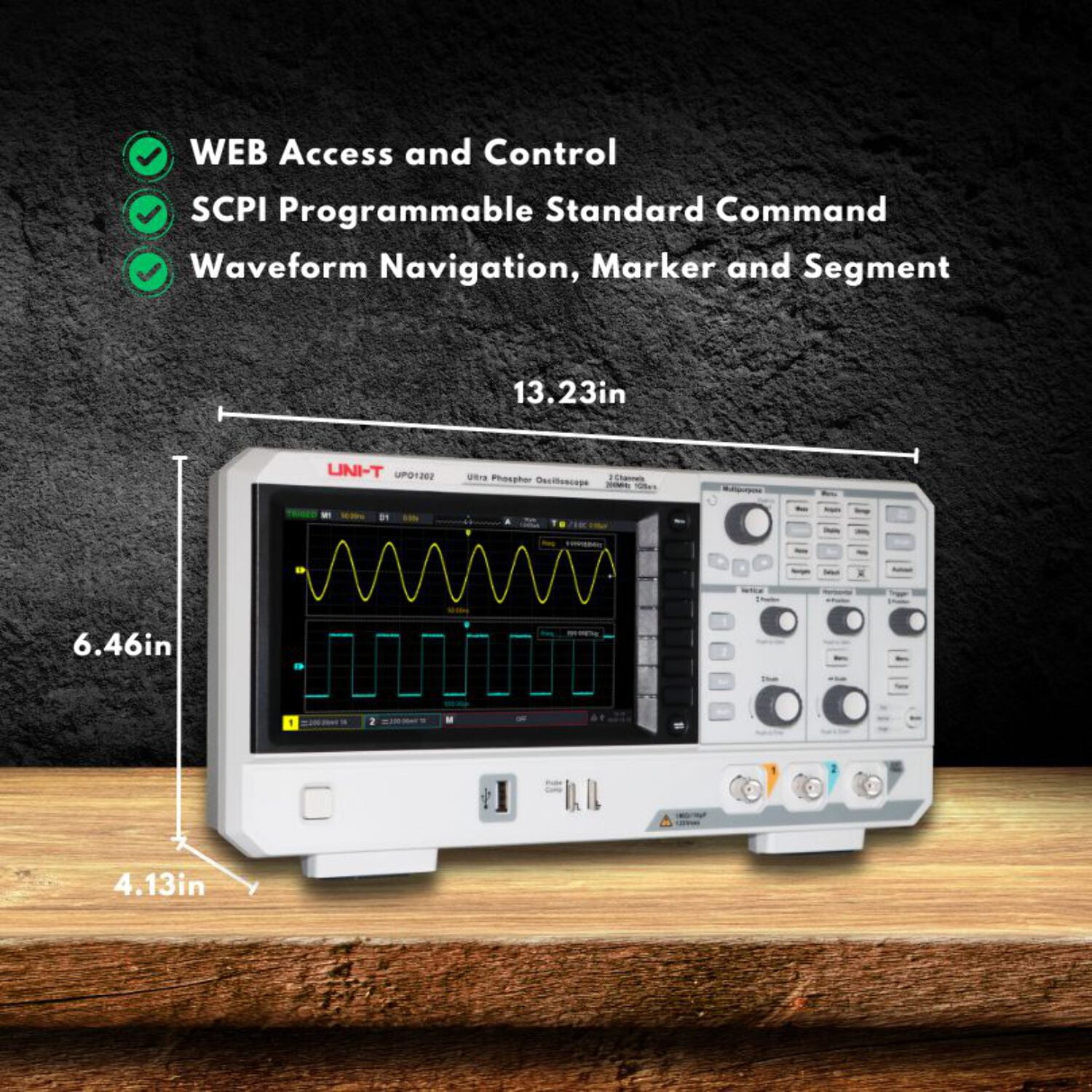UNI-T UPO1102 100MHz 2Ch DSO Ultra Phosphor Digital Oscilloscope 1 GSa/s Memory Depth 56 Mpts 500,000 wfm/s 7in display 1Mpts FFT Sampling Points