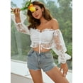 thumbnail image 3 of EILLY BAZAR Off Shoulder Flounce Sleeve Drawstring Peplum Crop Lace Blouse Top White L, 3 of 5