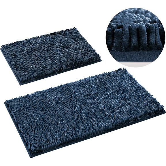 2 Pieces Bathroom Rugs, Non Slip Absorbent Velvety-Soft Butter Chenille Bath Mat Set (Navy Blue)