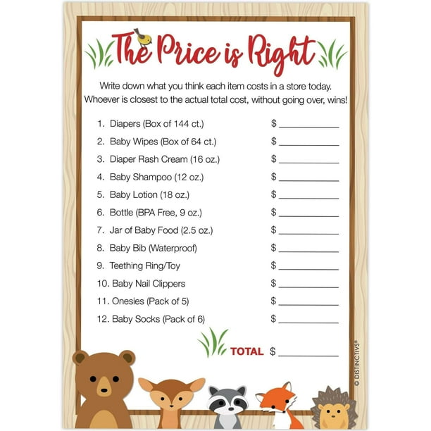 Woodland Baby Shower Party Game Price Is Right 20 Game Cards