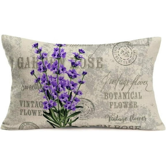 Vintage Flower Lavender Throw Pillow Covers Decorative French Country Stamp with Violet Bouquet Pillow Cases Cotton Linen Burlap Lumbar Cushion Cover Rectangle 12x20 Inches, Grey Purple