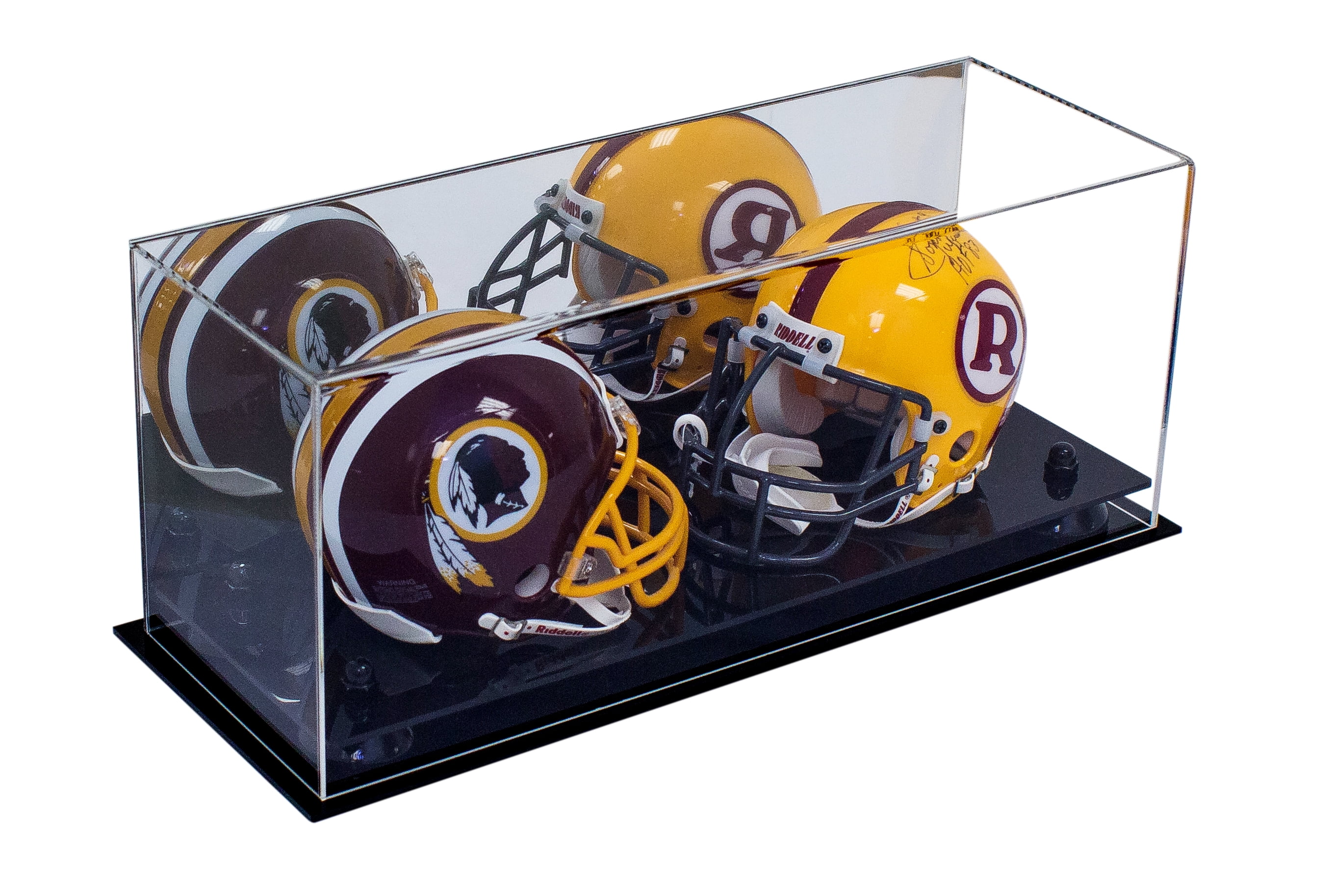 2 Mini Football Helmet Display Case (not full size) - - Clear Acrylic  Plexiglass with Mirror, Wall Mount and Black Risers (A019-BR) 