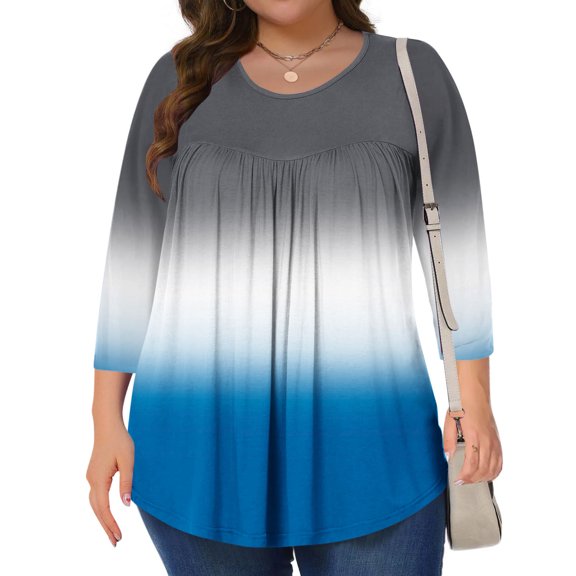 CHGBMOK Womens 3/4 Sleeve Blouses Color Block Crew Neck T Shirts Casual Pleated Tops Curved Hem Going Out Outfit